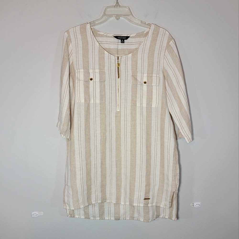 Ellen Tracy 100% Linen Roll Sleeve Tunic Top Size Medium